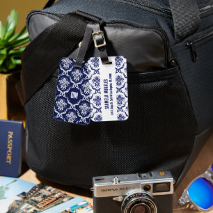 Blaue und weiße Floral Damask Gepäckanhänger