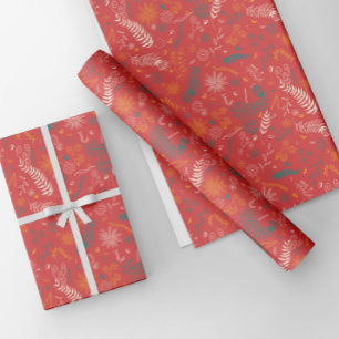 Blaue und weiße florale Doodles auf Rot Geschenkpapier Set