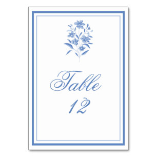 Blaue und weiße florale Hochzeitstischnummern Tischnummer