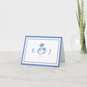 Blaue und weiße florale Monogramm-Hochzeits-Dankes Dankeskarte