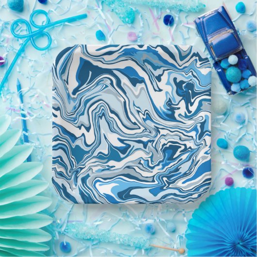 Blaue und weiße Flüssig-Kunstmarmor Pappteller (Party)