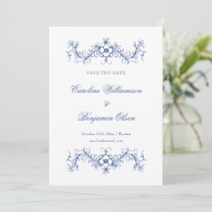 Blaue und weiße französische Blumen Hochzeit elega Save The Date