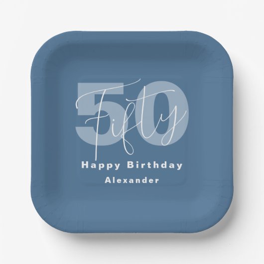 Blaue und weiße fröhliche 50. Geburtstagsfeier Pappteller (Vorderseite)
