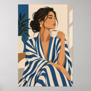 Blaue und weiße gestreifte Frau mit modernem Kaffe Poster