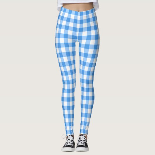 Blaue und weiße Gingham-Karos Leggings (Vorderseite)