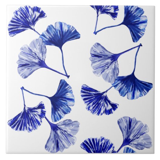 Blaue und weiße Gingko-Blätter Fliese (Vorderseite)