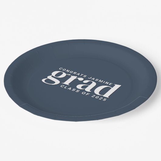 Blaue und weiße Glückwunsch mit Klassenjahr Pappteller (Schrägansicht)