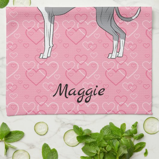 Blaue und weiße Grauhound auf rosa Herzen Geschirrtuch (Gefaltet)