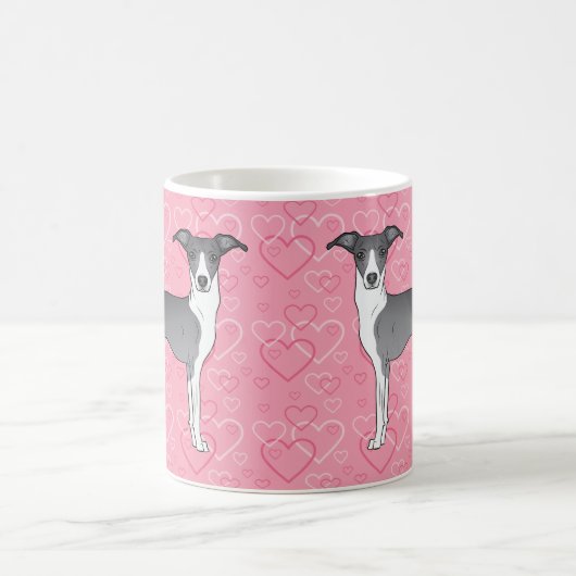 Blaue und weiße Grauhound auf rosa Herzen Kaffeetasse (Mittel)