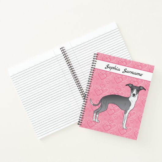 Blaue und weiße Grauhound auf rosa Herzen Notizblock (Innenseite)