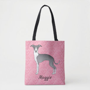 Blaue und weiße Grauhound auf rosa Herzen Tasche