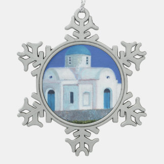 Blaue und weiße griechische zypriotische Kirche Schneeflocken Zinn-Ornament