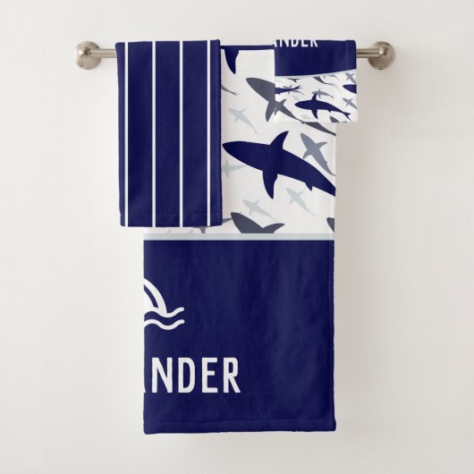 Blaue und weiße Hai Muster mit Name Boy Badhandtuch Set (Insitu)