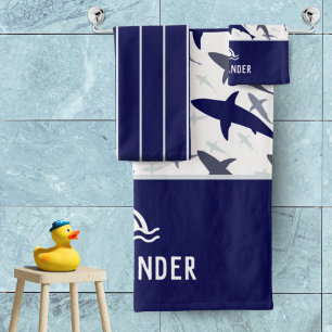 Blaue und weiße Hai Muster mit Name Boy Badhandtuch Set