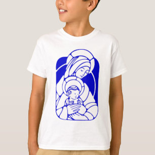 Blaue und weiße heilige Mutter und Kind T-Shirt