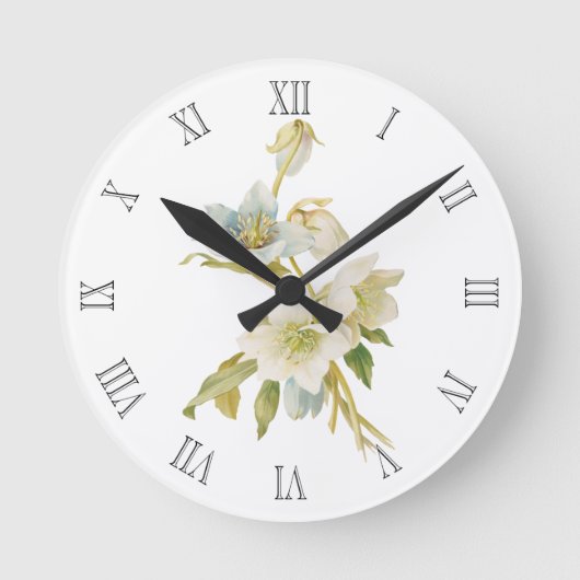Blaue und weiße Hellebores Runde Wanduhr (Vorderseite)