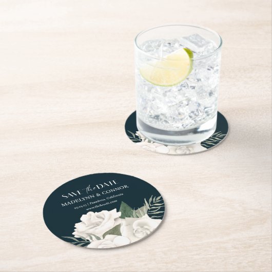 Blaue und weiße Hochzeit retten die Datumsrunde Runder Pappuntersetzer (Vor Ort)