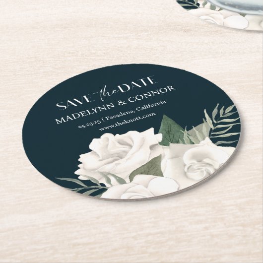 Blaue und weiße Hochzeit retten die Datumsrunde Runder Pappuntersetzer (Angewinkelt)