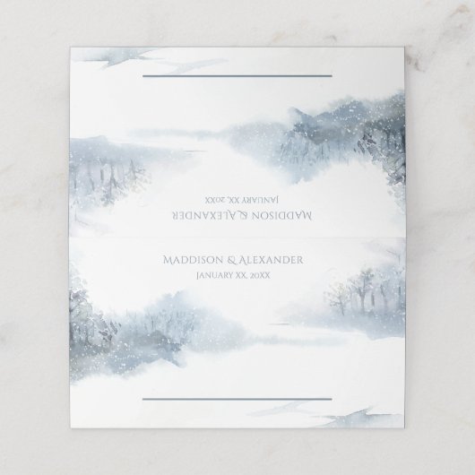 Blaue und weiße Hochzeitsempfehlung Platzkarte (Außenseite Aufgefaltet)