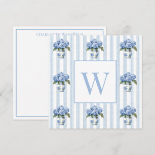 Blaue und weiße Hortensien auf Streifen-Monogramm Mitteilungskarte