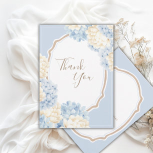 Blaue und weiße Hortensien Hochzeit im Vintage-Sti Dankeskarte