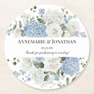Blaue und weiße Hortensien und Rosen Florale Hochz Runder Pappuntersetzer