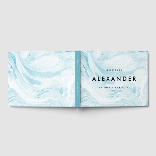 Blaue und weiße Imitate Marmor Modernes Hochzeitsf Gästebuch (Voll)