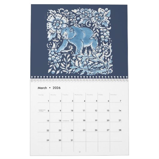 Blaue und weiße Indigowaldtiere Kalender (Mär 2026)