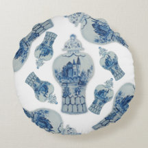 Blaue und weiße Ingwer-Jars-Rundwurfkissen