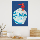 Blaue und weiße Ingwerjar mit rotem Königsvogel Poster (Küche)
