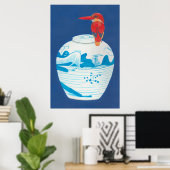 Blaue und weiße Ingwerjar mit rotem Königsvogel Poster (Heimbüro)