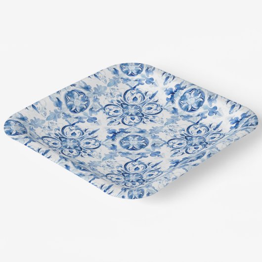 Blaue und weiße italienische Aquarellmuster Pappteller (Gewinkelt)