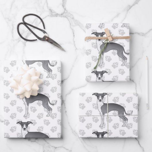 Blaue und weiße italienische Grauhunde Hunde mit P Geschenkpapier Set (Vorderseite)
