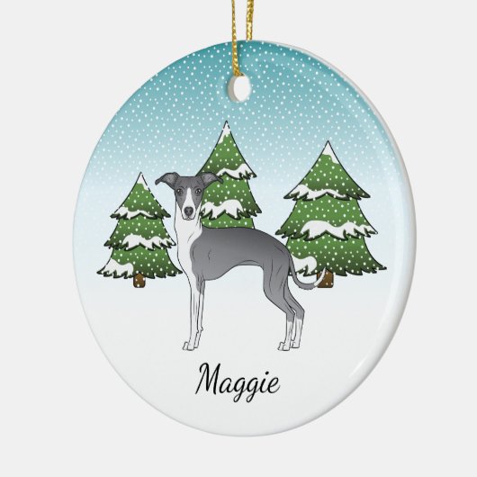 Blaue und weiße italienische Windhunde im Winterwa Keramik Ornament (Links)