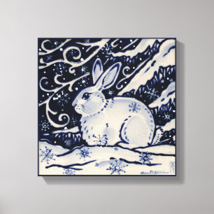 Blaue und weiße Kaninchen Bunny Woodland Schnee W Leinwanddruck