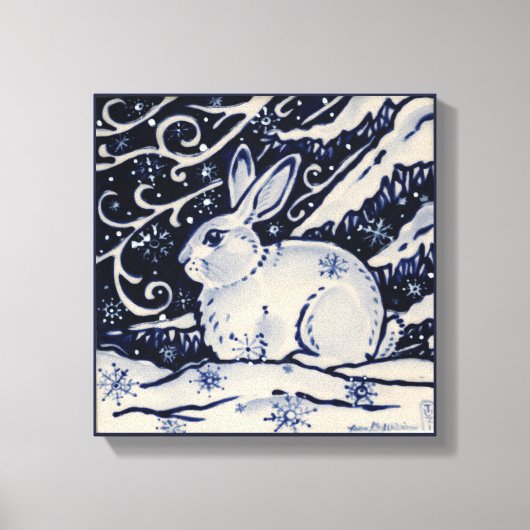 Blaue und weiße Kaninchen Bunny Woodland Schnee Wi Leinwanddruck (Vorderseite)