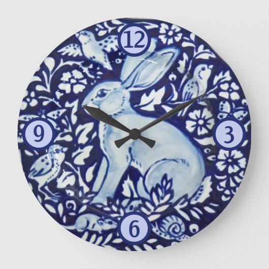 Blaue und weiße Kaninchen-Hare-Bird-Insekten-Mouse Große Wanduhr (Vorderseite)