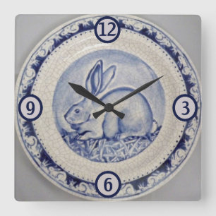 Blaue und weiße Kaninchen-Hasen-Keramik Dedham Art Quadratische Wanduhr