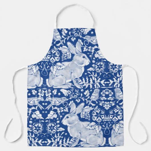 Blaue und weiße Kaninchenvögel Blumenmuster Schürze (Vorderseite)