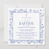 Blaue und weiße Kreuzung Heilige Taufe Blumenschme Einladung (Vorderseite)