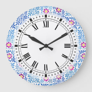 Blaue und weiße Kunsthandwerksblumen Große Wanduhr