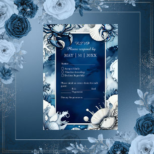 blaue und weiße Küsten-Hochzeit im Strandstil RSVP Karte
