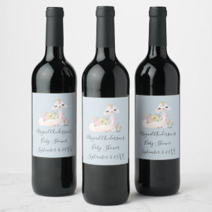 Blaue und weiße Lama-Baby-Junge-Baby-Party-Wein Weinetikett