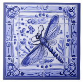Blaue und weiße Libelle Mediterrane Folklorekunst Fliese (Vorderseite)