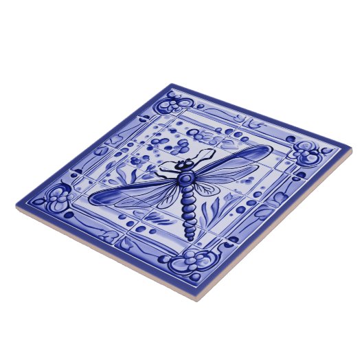 Blaue und weiße Libelle Mediterrane Folklorekunst Fliese (Seite)