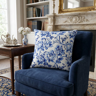Blaue und weiße Magnolien Toile de Jouy Kissen