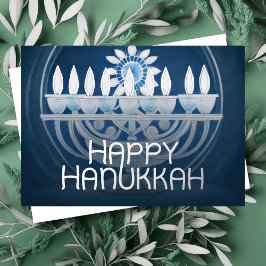 Blaue und weiße Malerei von Hanukkah Menorah Folien Feiertagskarte