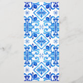 Blaue und weiße marokkanische Musterhochzeit Menükarte (Rückseite)