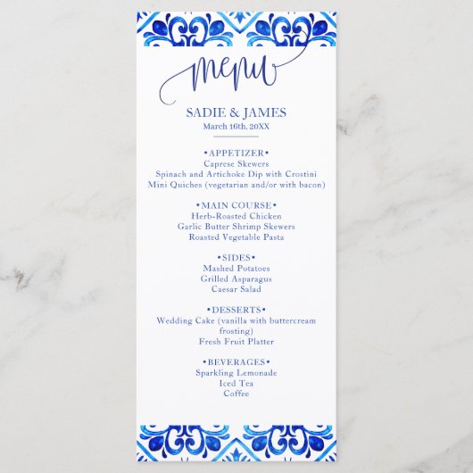 Blaue und weiße marokkanische Musterhochzeit Menükarte (Vorderseite)