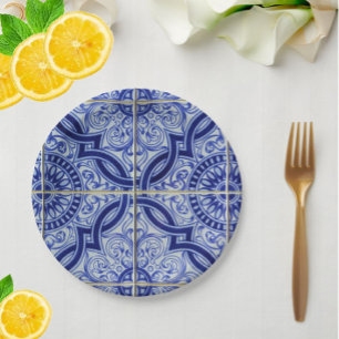 Blaue und weiße mediterrane Azulejo-Fliesenmuster Pappteller